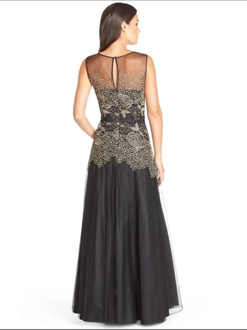 Tahari ASL Embroidered Illusion Gown Dress Size 10 Navy Gold-New - Picture 2 of 10